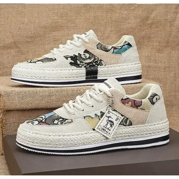 Mens Color-Matching Canvas Sneakers | UV-Resistant Low-Top Casual Shoes in Beige, Black, Green